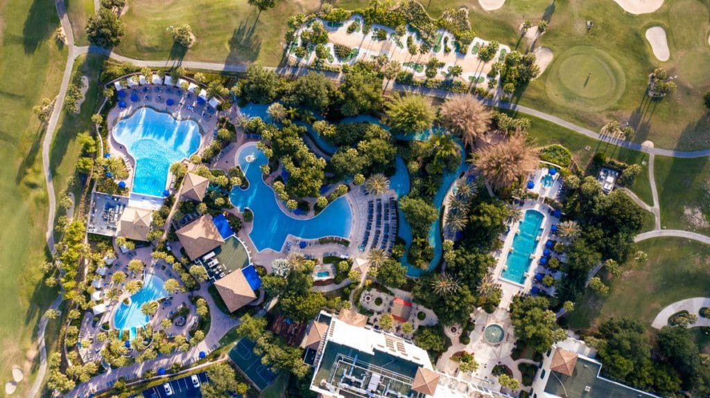 An aerial view of the waterpark at Omni Orlando Resort at ChampionsGate.