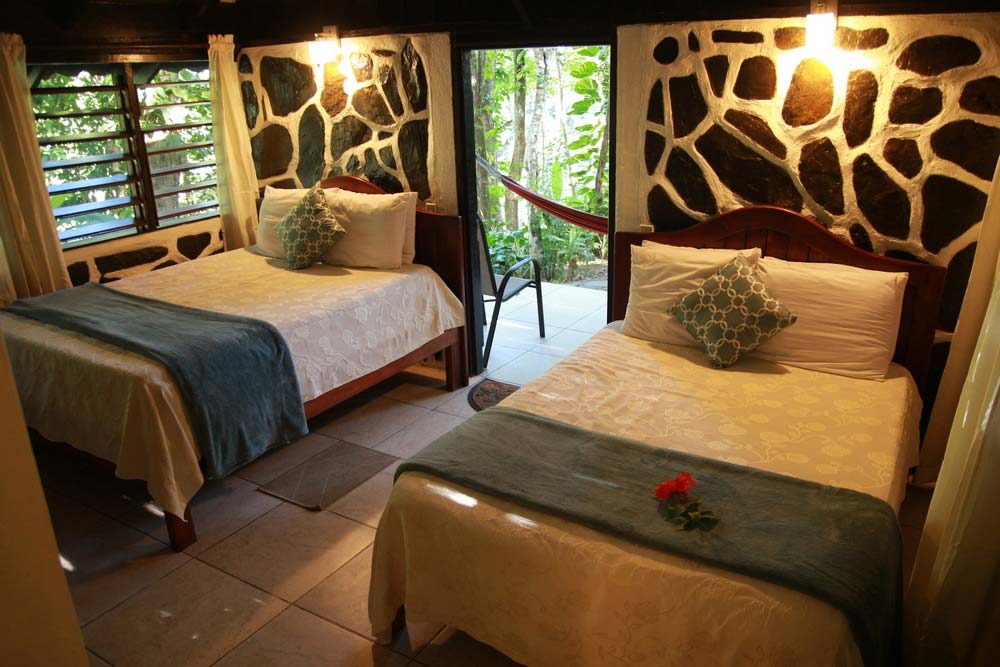 Inside a double twin room at Black Rock Lodge, featuring lovely beds and large windows.