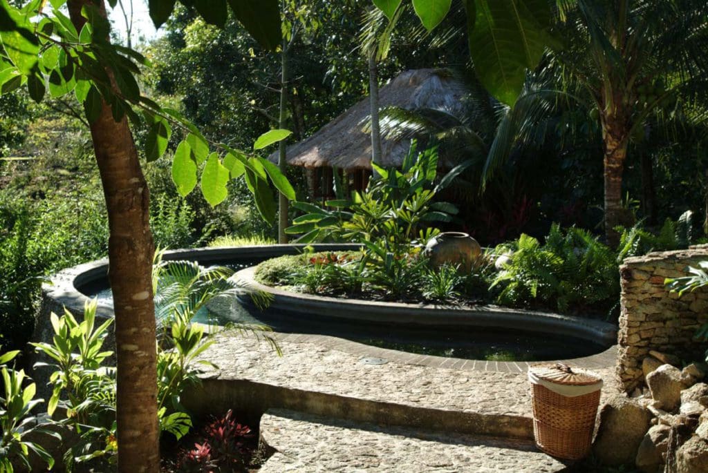 A small pool amongst lush greenery at Blancaneaux Lodge.