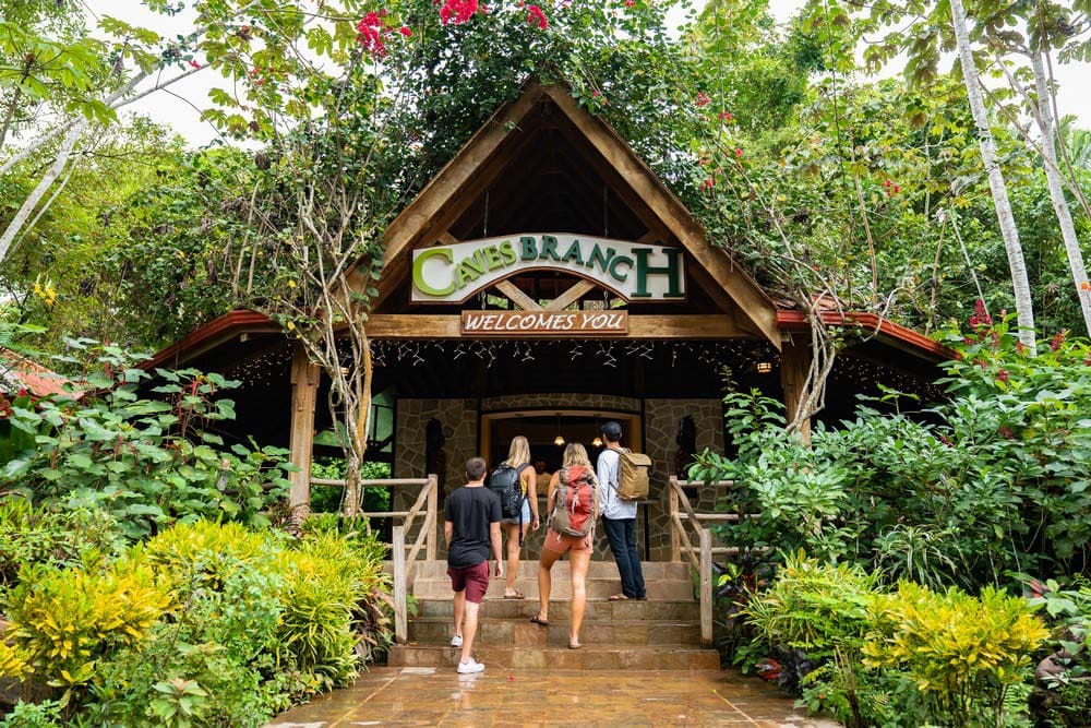 A family of four walks toward the exterior entrance of Ian Anderson's Caves Branch Jungle Lodge.