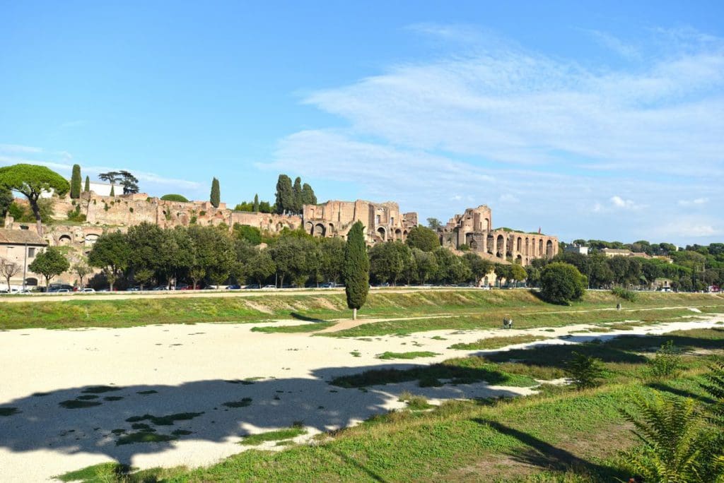 The ancient Roman chariot track on a sunny day at Circus Maximus.
