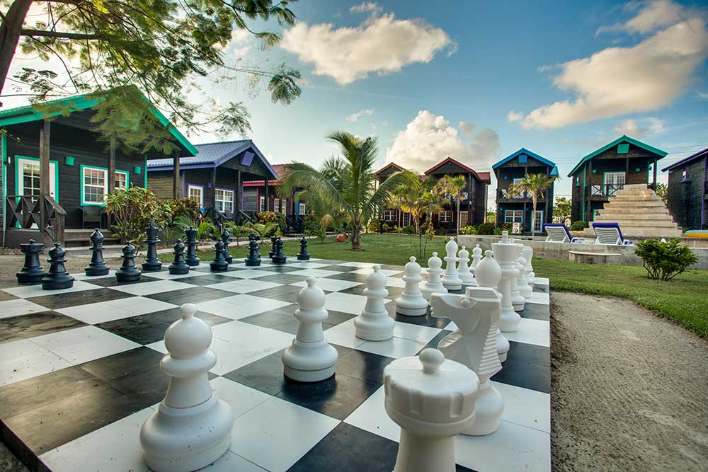The life-size chess game on the lawn of X’Tan Ha Resort, awaiting guests to play.