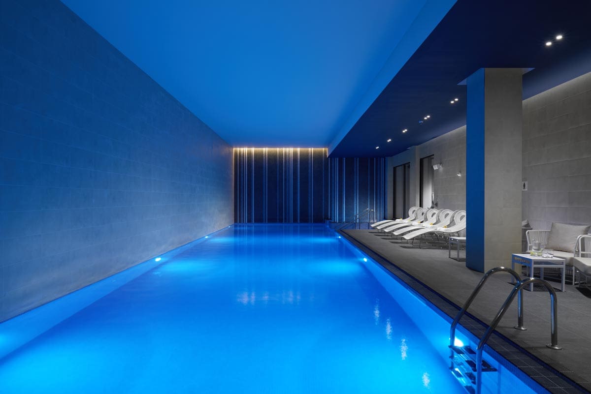Inside the tranquil pool area of Hilton London Bankside.