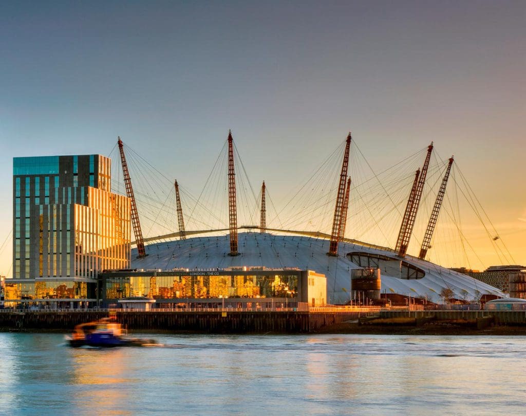 The Intercontinental London - The O2, An IHG Hotel with the sunsetting in the distance.