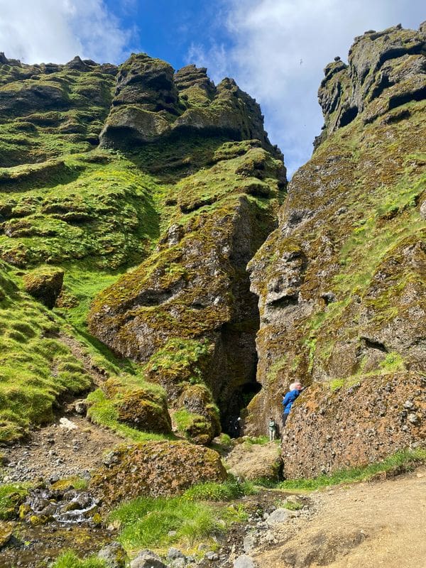 Rock formations reach up toward the sky on a hike in Iceland.