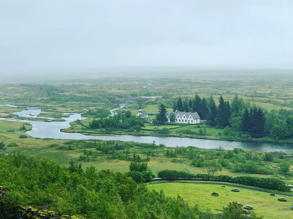 A view of the Lagarfljótsormurinn, a river in Iceland that looks like a large gray worm.