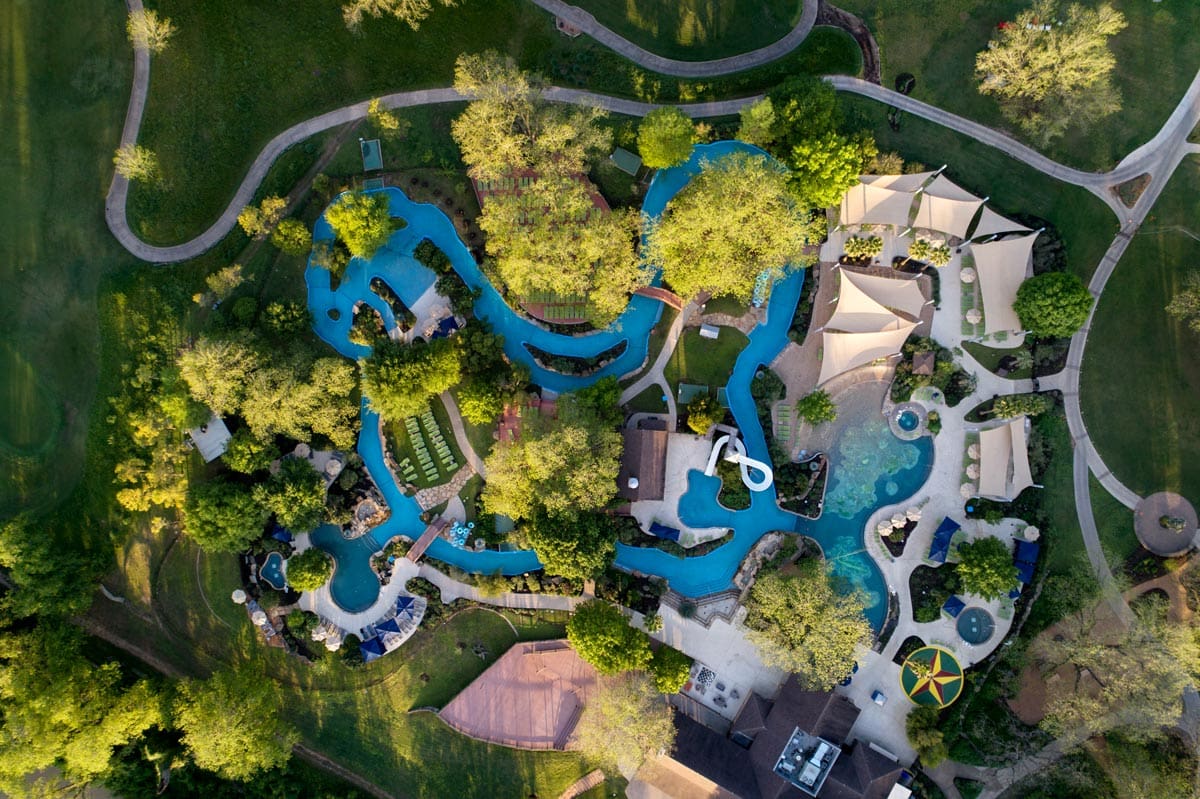 An aerial view of the grounds of Hyatt Lost Pines Resort and Spa.