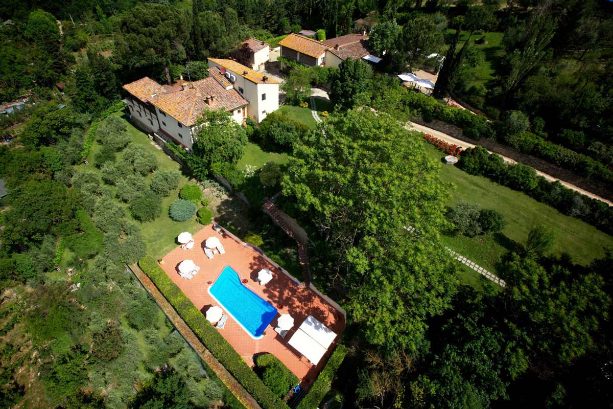 An aerial view of the buildings and grounds of Marignolle Relais and Charme.