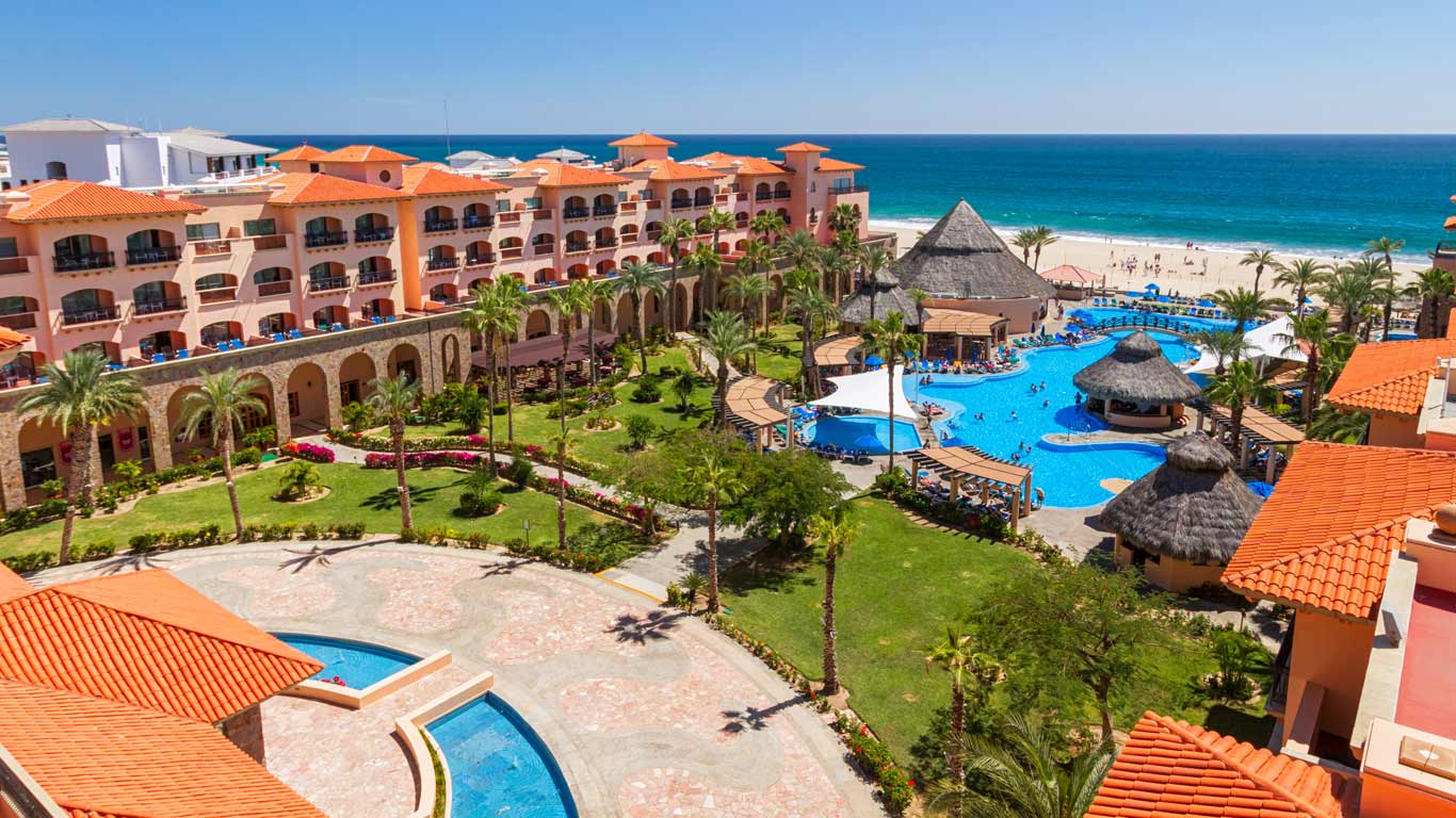 An aerial view of the pool and resort buildings at Royal Solaris Los Cabos.