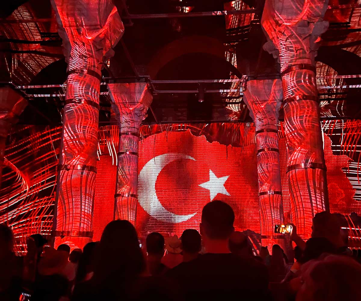 The Turkish flag displayed in lights at the Basilica Cistern light show.