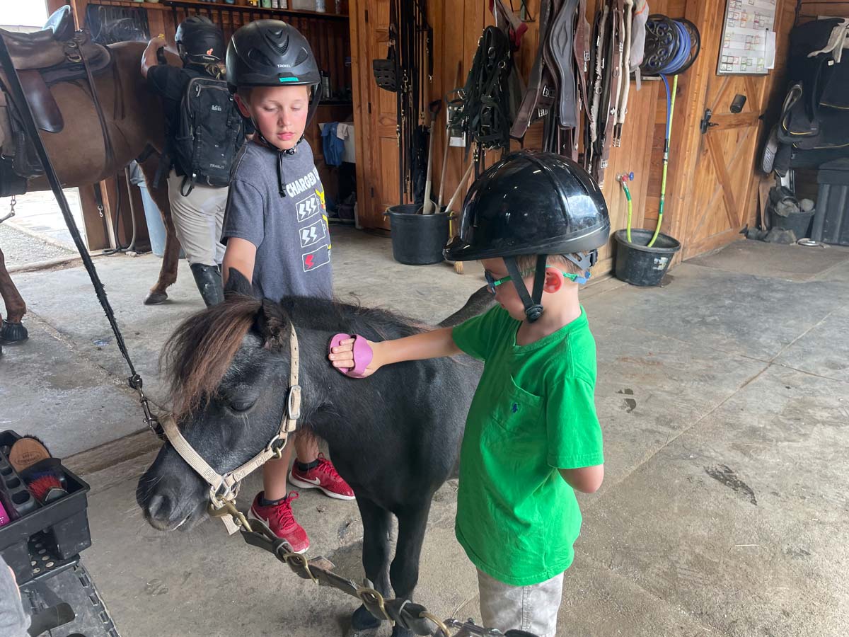 Two young boys pet a pony inside a barn, while on a family getaway to Blackberry Farm in Tennessee.