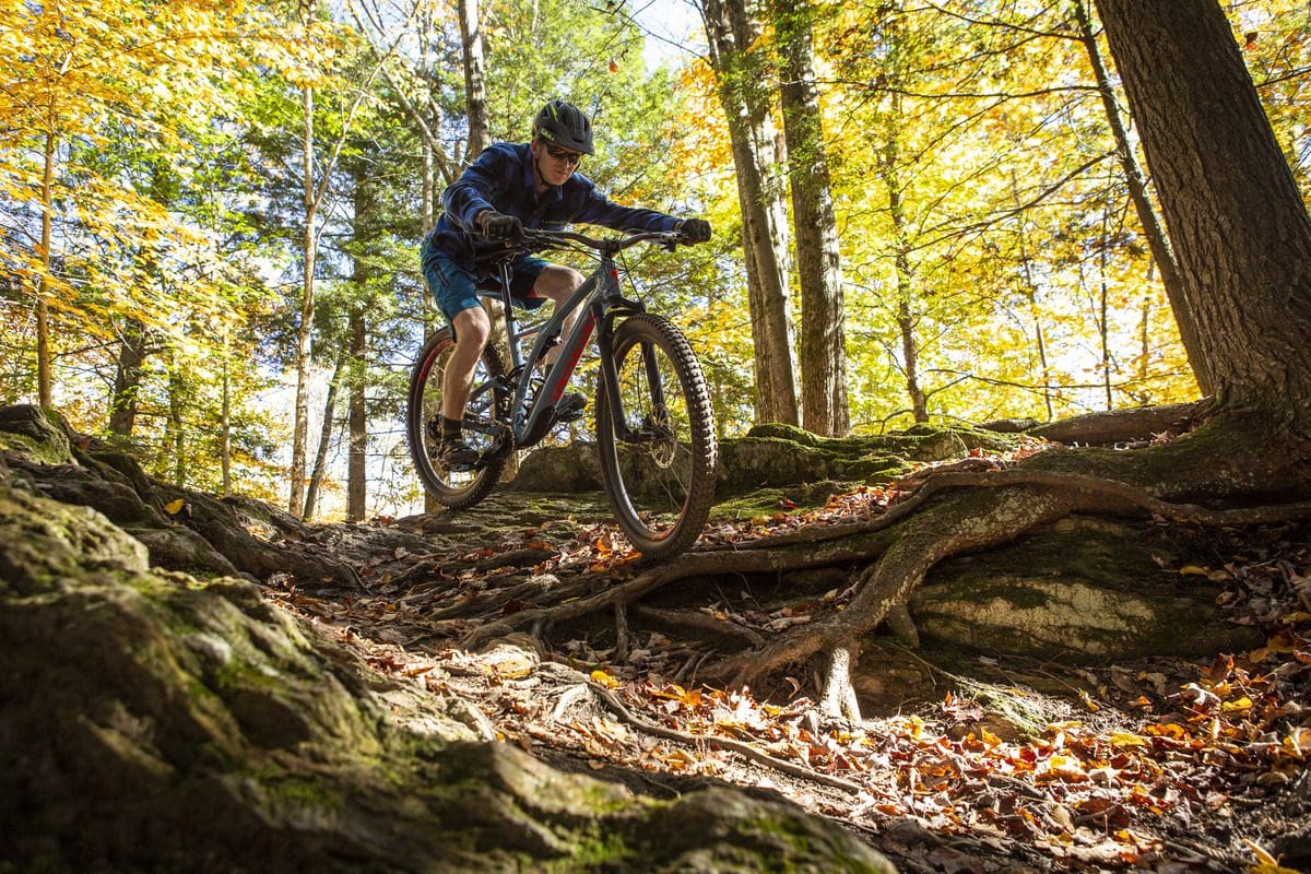 A man mountain bikes down a trail, covered with autumn leaves near Burlington.