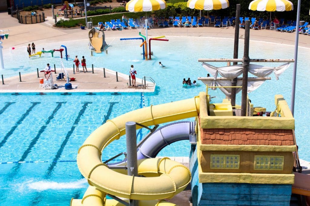 An aerial view of the large pirate-shaped water park area at Cascade Bay Waterpark.