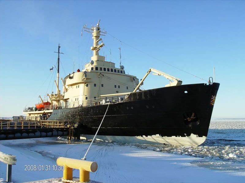 The Ferenc Janni Sampo moves through frozen water off-shore from Finland.