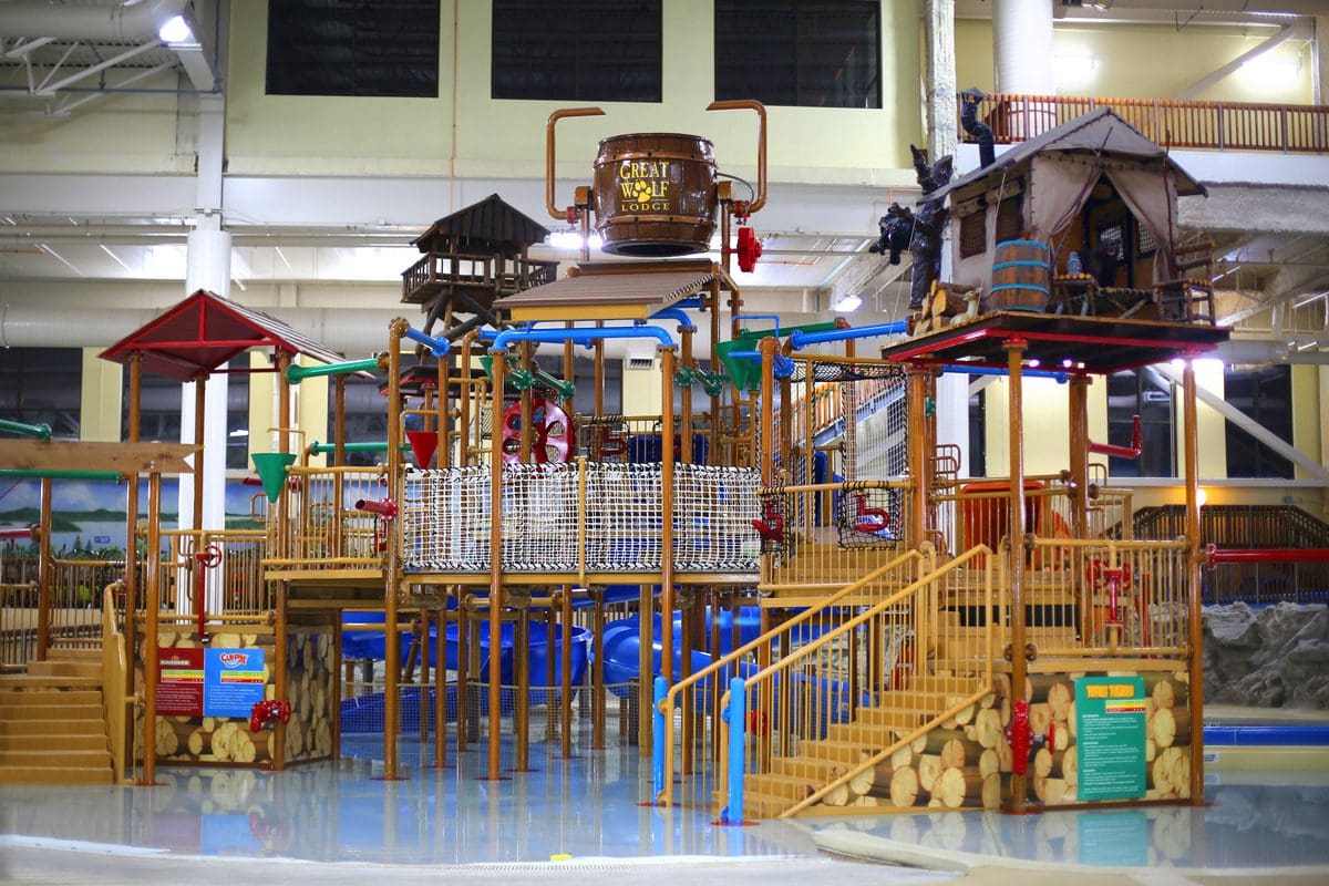 The large indoor water park playground at Great Wolf Lodge Minnesota, one of the best places to explore in the Twin Cities with kids.