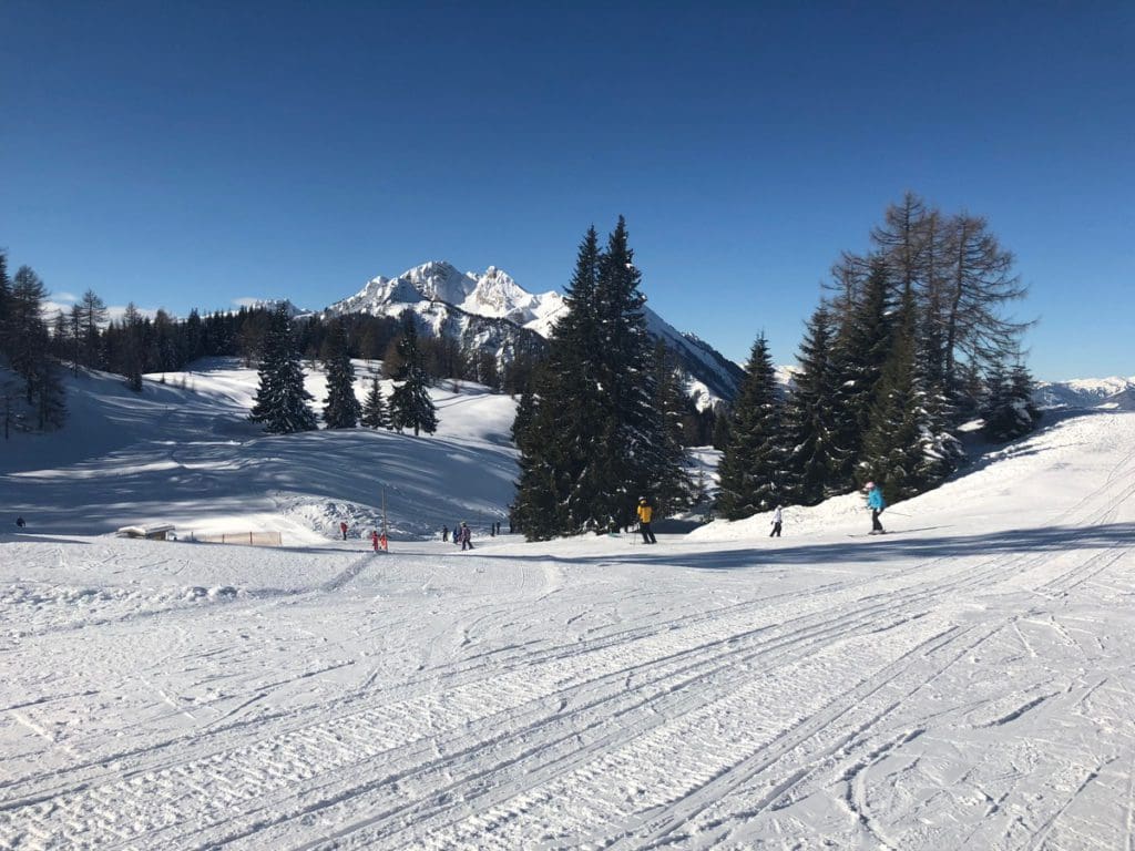 Kids and their parents ski along a slope in Alpendorf.