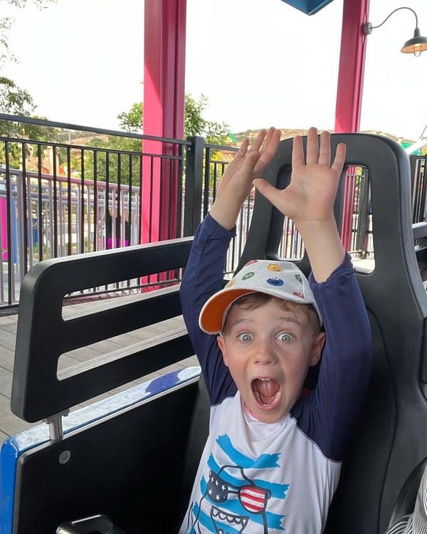 A young boy screams in delight as he enjoys an amusement park ride.