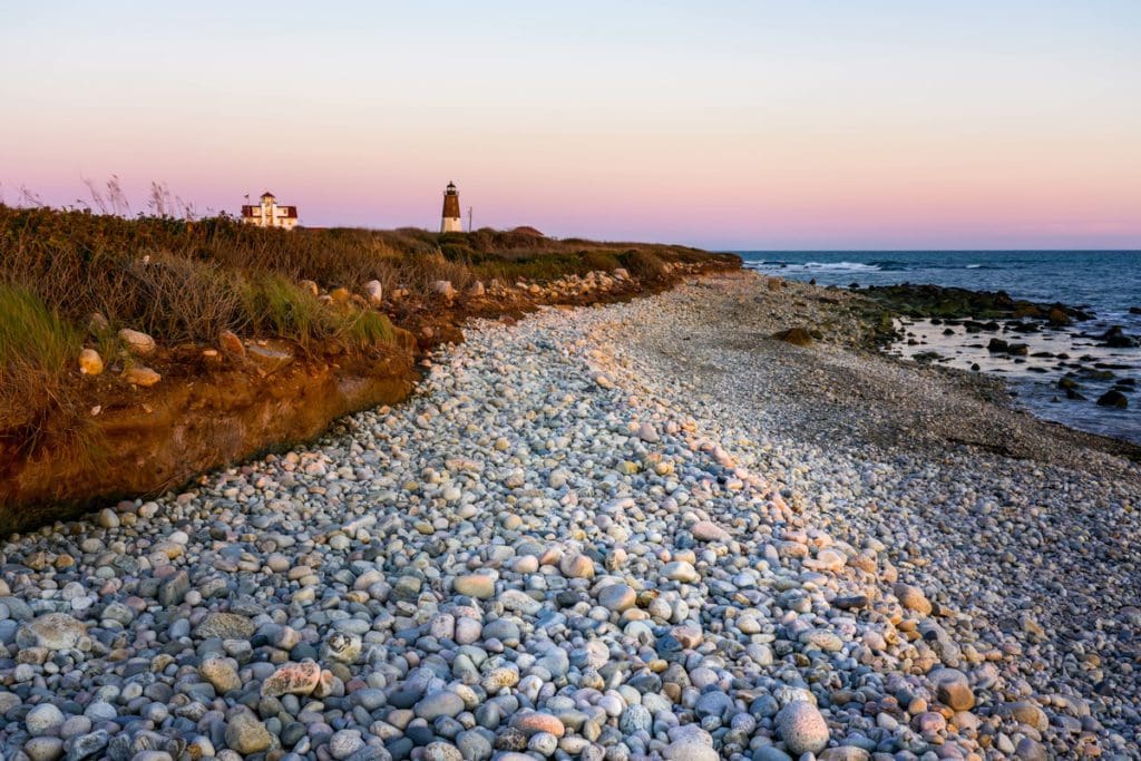 Along the beach, in the distance, Point Judith stands tall on a brisk fall day.