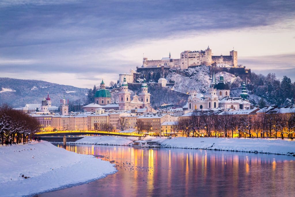 A view of a wintery landscape in Salzburg, a great day trip on your family skiing in Alpendorf itinerary. 