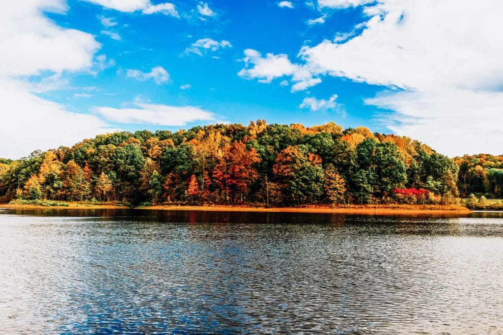 A vibrant shoreline of autumn trees along a lake in French Lick West Baden.