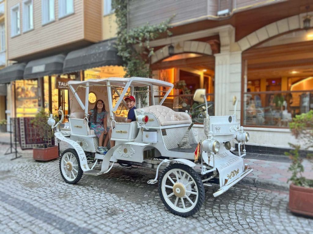 Two young kids sit in a carriage awaiting a ride around Istanbul's old town, one of the best things to do on a family vacation to Istanbul.