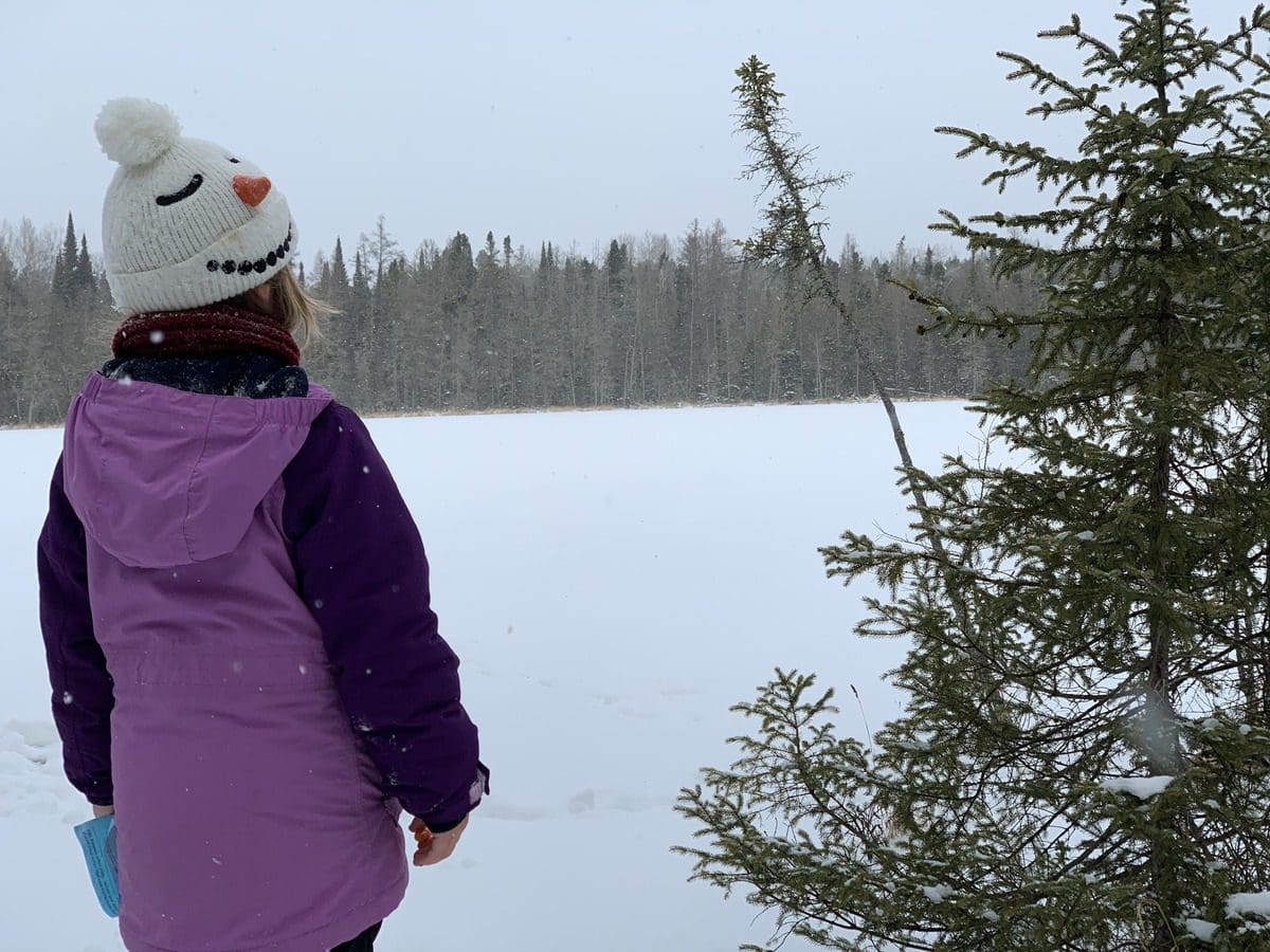 A young girl in winter gear looks out onto a frozen lake in Bemidji State Park.