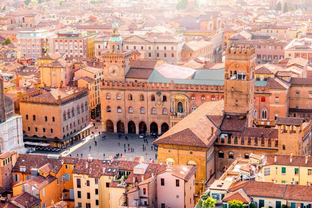 An aerial view of the central piazza in Bologna.