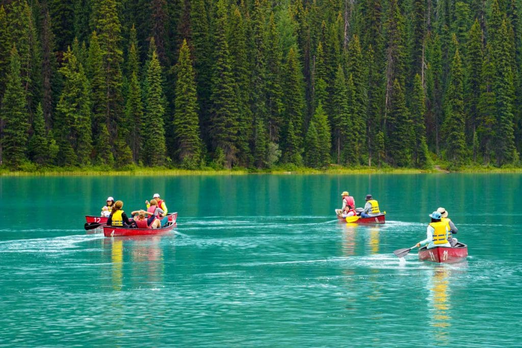 Four canoes, filled with people, float around Emerald Lake in Yoho National Park.