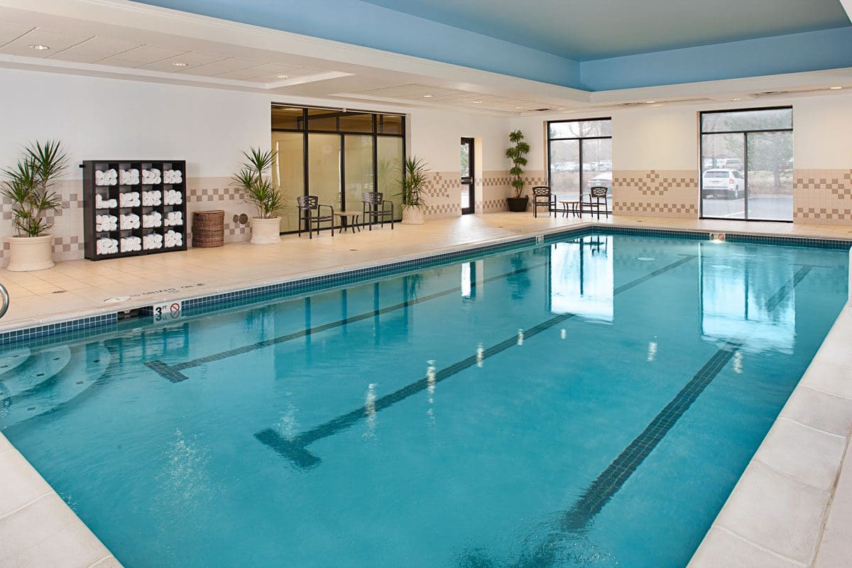 Inside the cozy indoor pool room at Hilton Garden Inn Denver Tech Center.