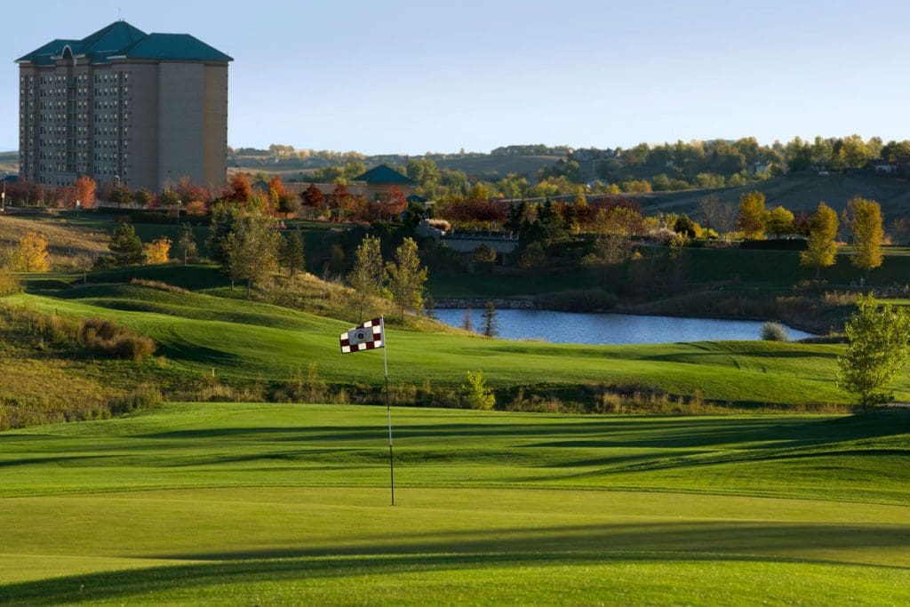 The Omni Interlocken Hotel across lush golf greens, one of the best Denver hotels for families.