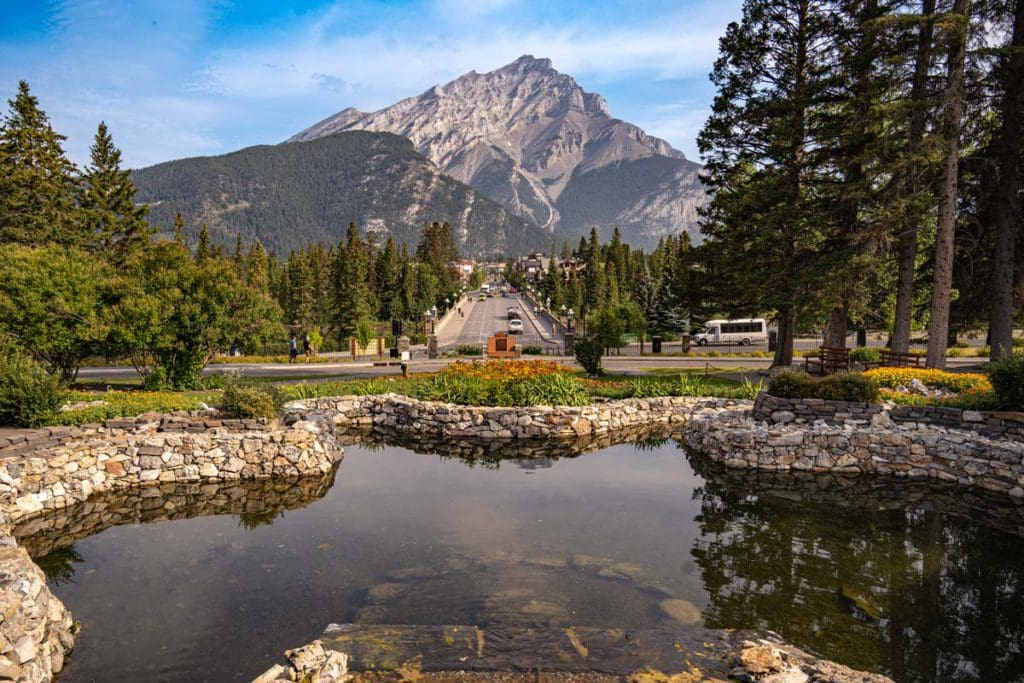 View of downtown Banff Avenue with Cascade Mountain towering in the background.