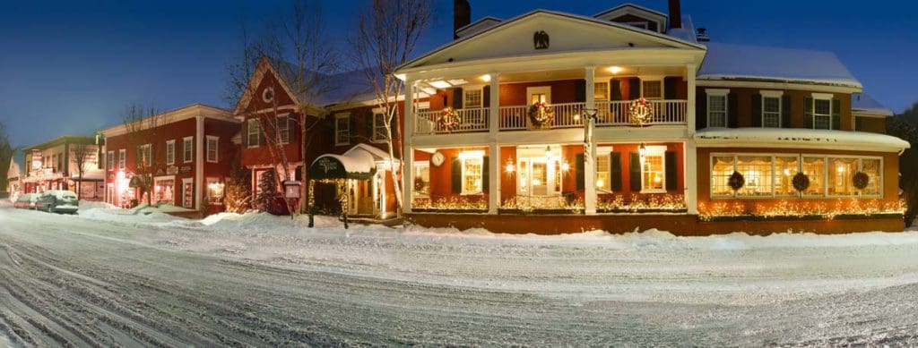 Downtown Stowe in the snow.