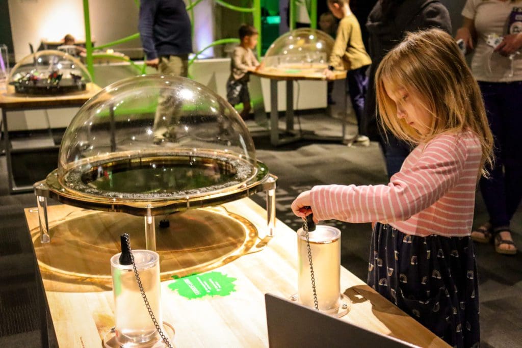 A young girl engages with a STEM-themed exhibit at the Idaho Discovery Center in Boise, one of the best affordable summer vacations in the United States with kids.