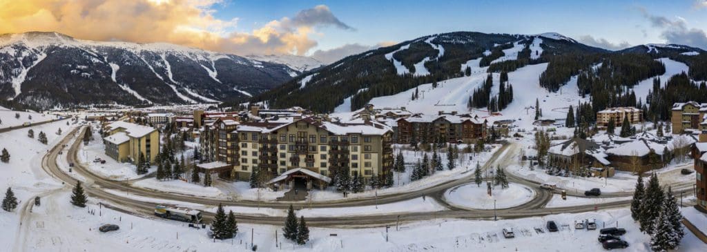An arial view of the lodging options at Copper Mountain in the snow.