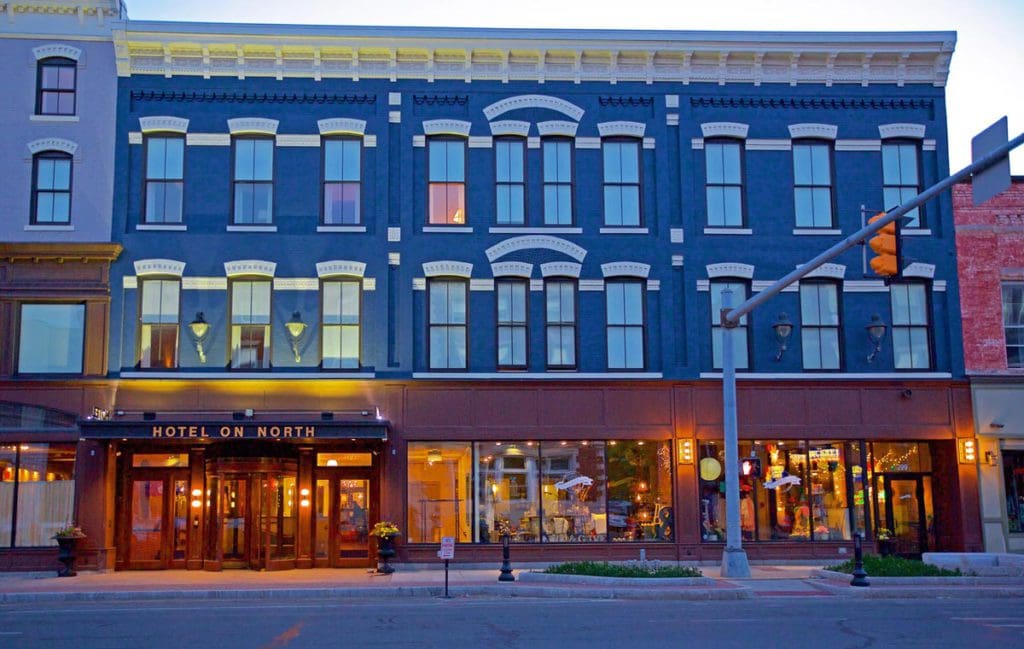 A view of the street-side entrance to Hotel on North, one of the best places to stay on this weekend getaway itinerary for families in Pittsfield.