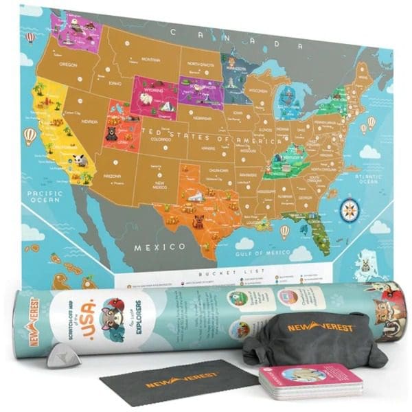 A product shot of the kid's scratch-off map by Newverest, one of the best family travel gifts of the year.
