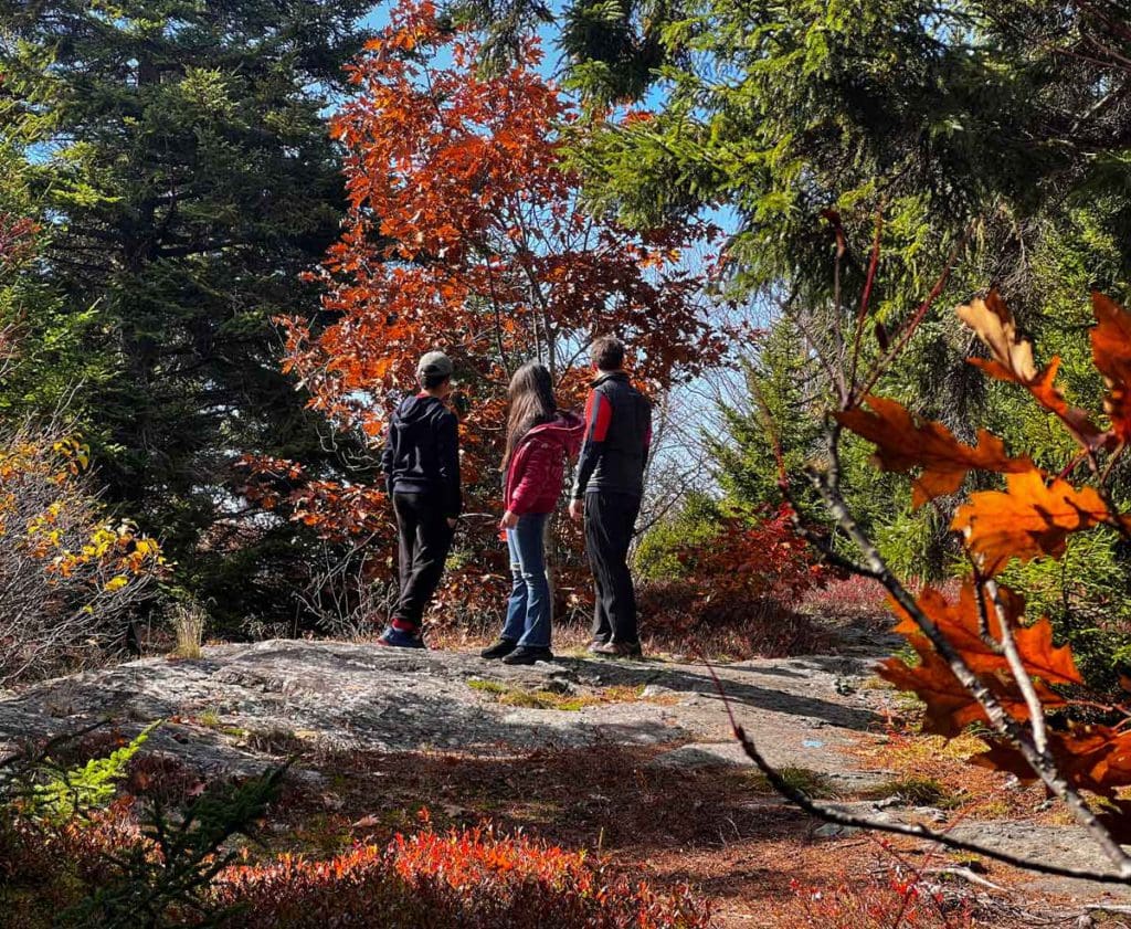 Dad and two kids in the Pittsfield forest during fall