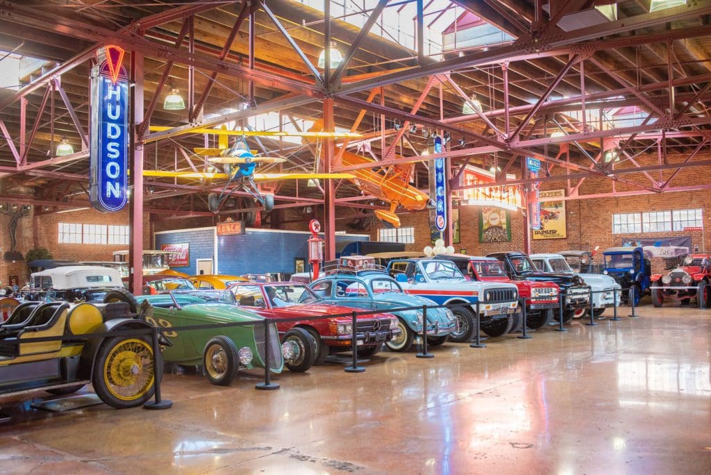 Inside the The Coker Museum, featuring a variety of cars.