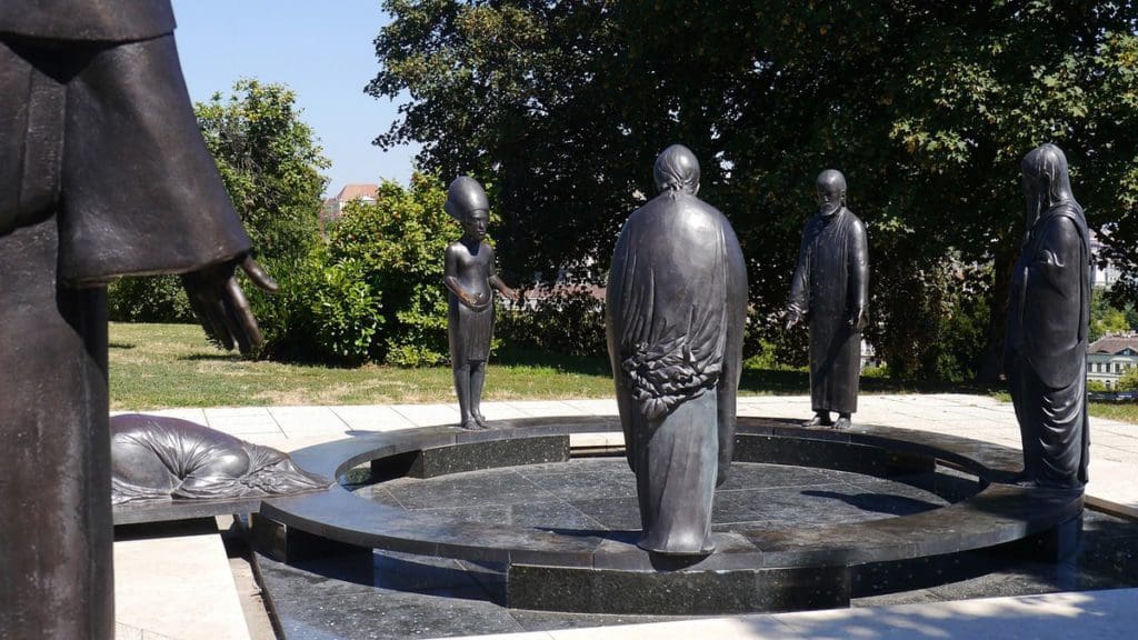 The many statues that make up the Garden of Philosophers in Budapest.