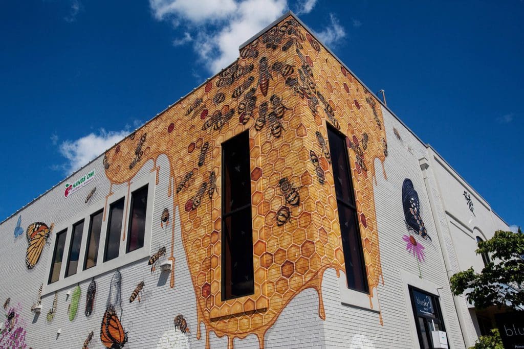 The exterior building of Hands On Children's Museum-WNC, with a pollinator mural on the side.