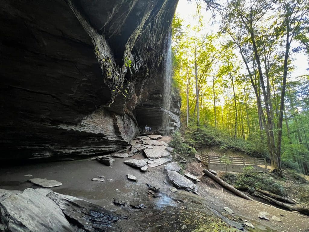 A dad and his two kids explore the area around Moore Cave.