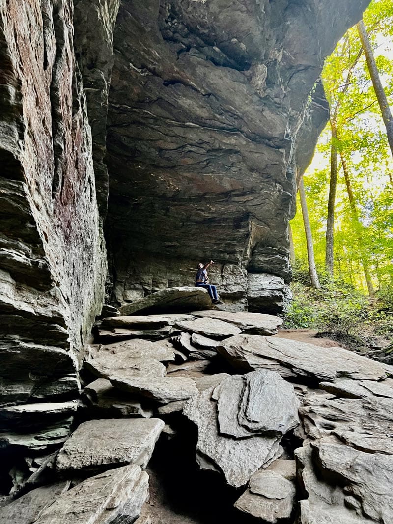 A family explores Moore Cove Falls in Pisgah National Forest, one of the best things to do near Asheville with kids.