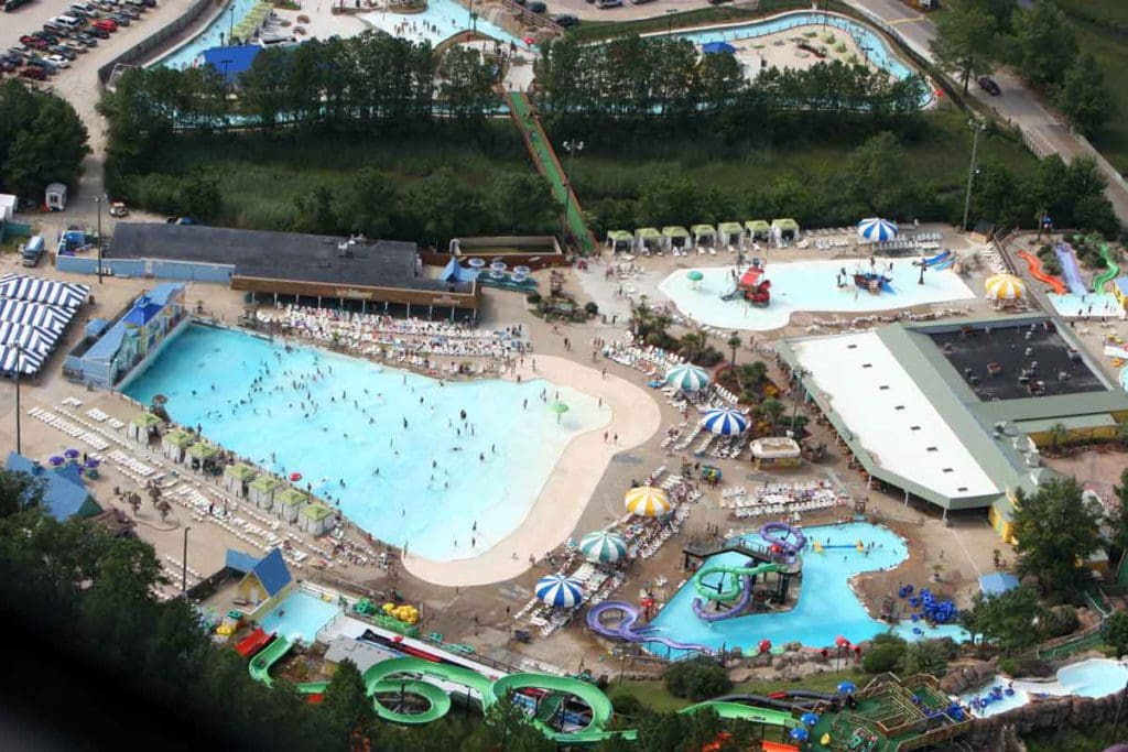 An aerial view of Ocean Breeze Water Park on a sunny day, one of the best water parks near Washington DC for families.