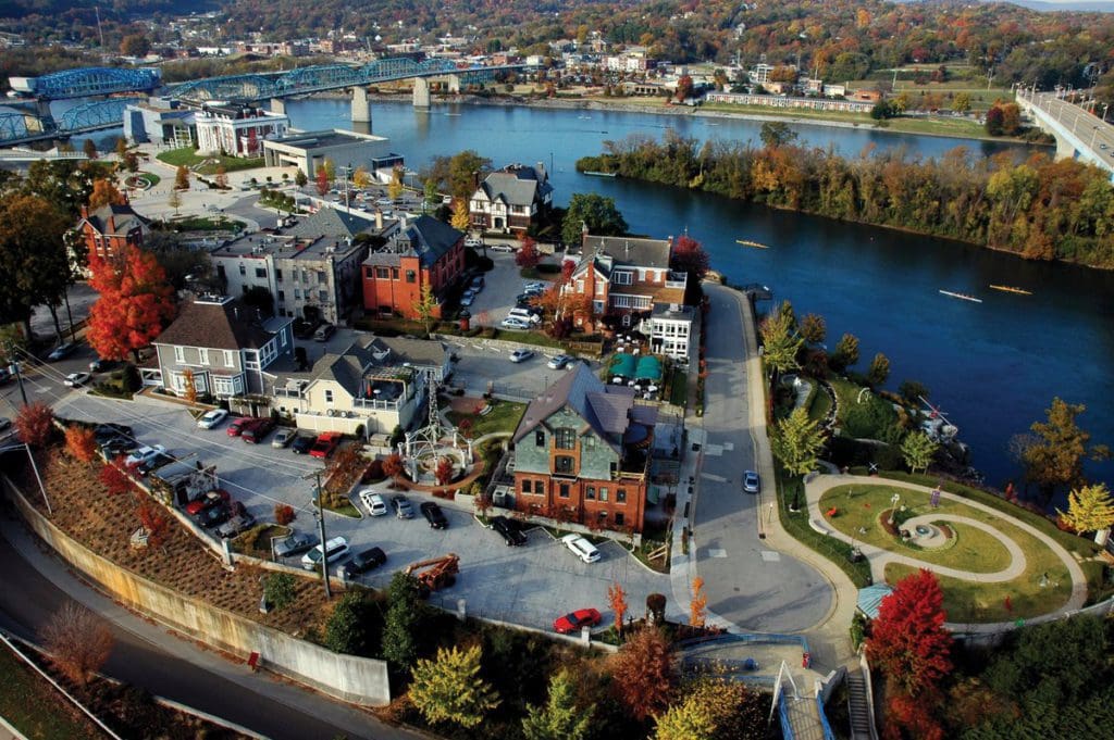 An aerial view of Bluff View Art District.