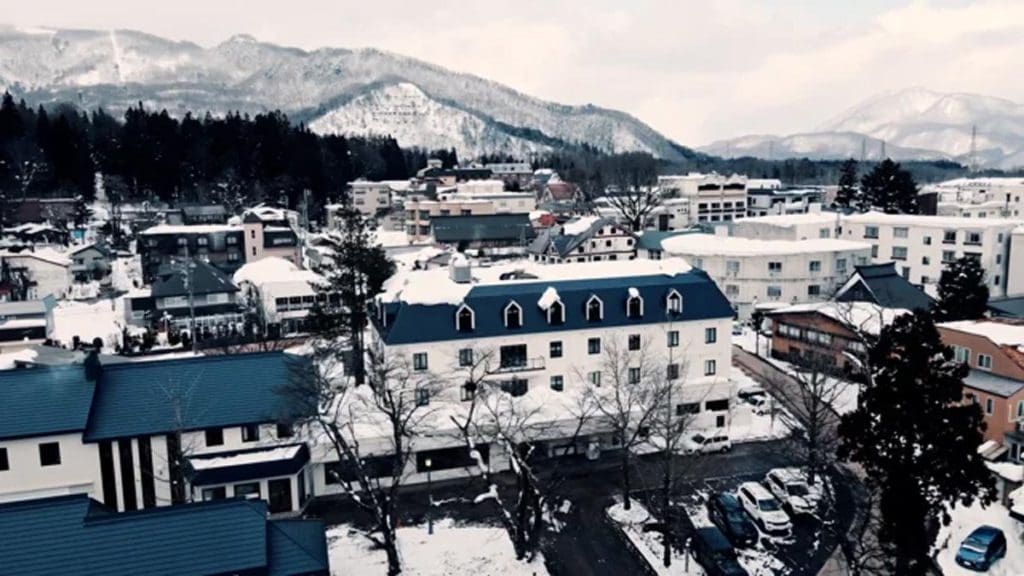 An aerial view of accommodations near Hakuba Happo-one Snow Resort.