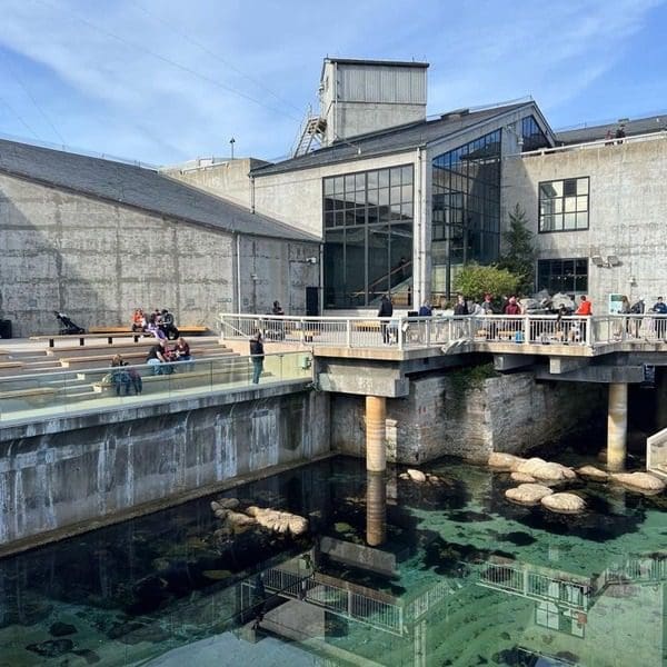 Several people meander a balcony area overlooking the ocean at Monterey Bay Aquarium.