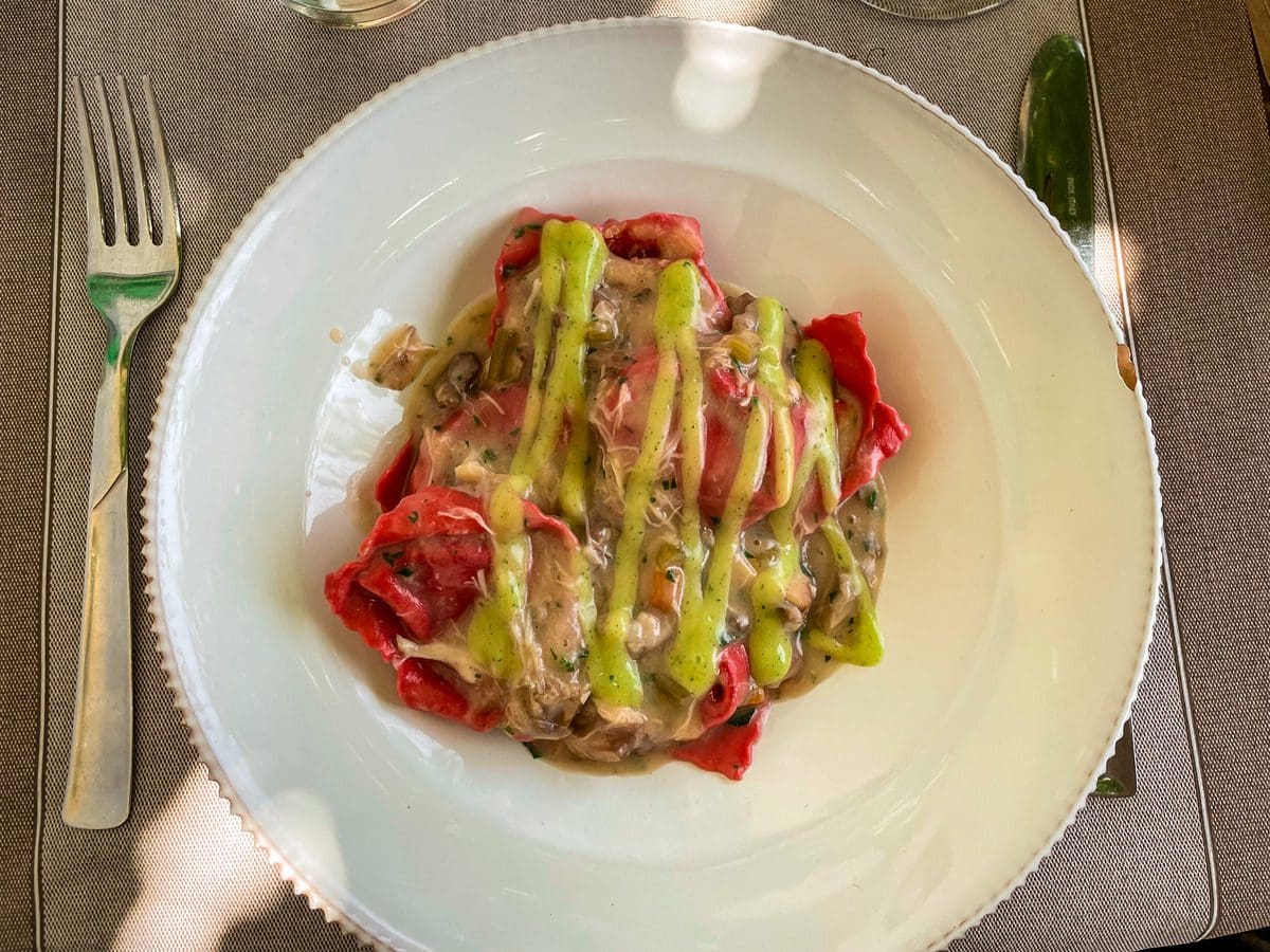 A ravioli pasta stuffed with rabbit and vegetables at a restaurant in Alberobello.