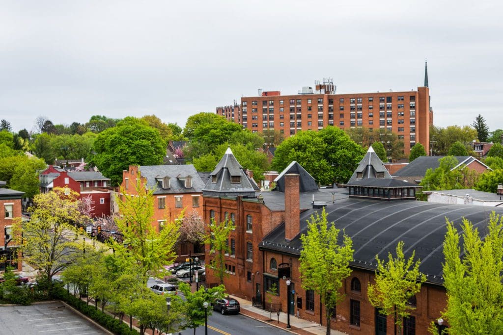 An aerial view of downtown Lancaster, PA, in the spring.