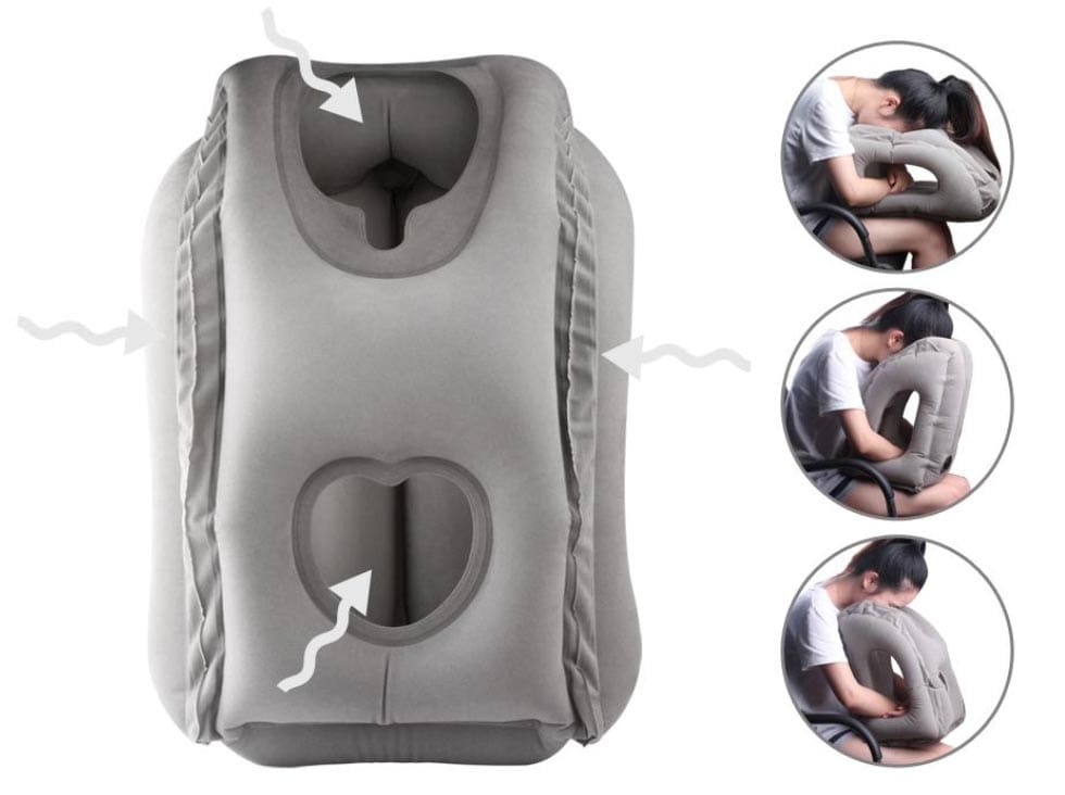 A product shot of the gray Sunany Inflatable Neck Pillow, plus three images showcasing how to use it.