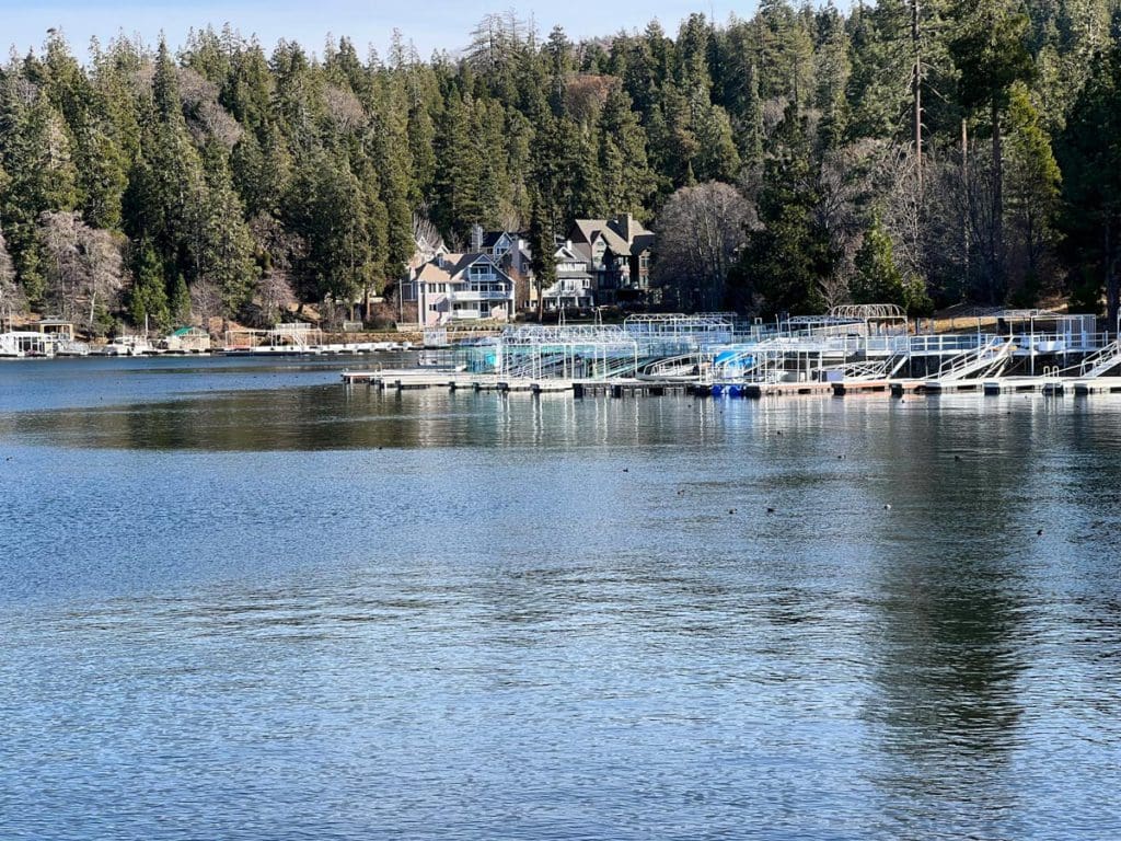 A view of UCLA Lake Arrowhead Lodge from across its namesake lake.